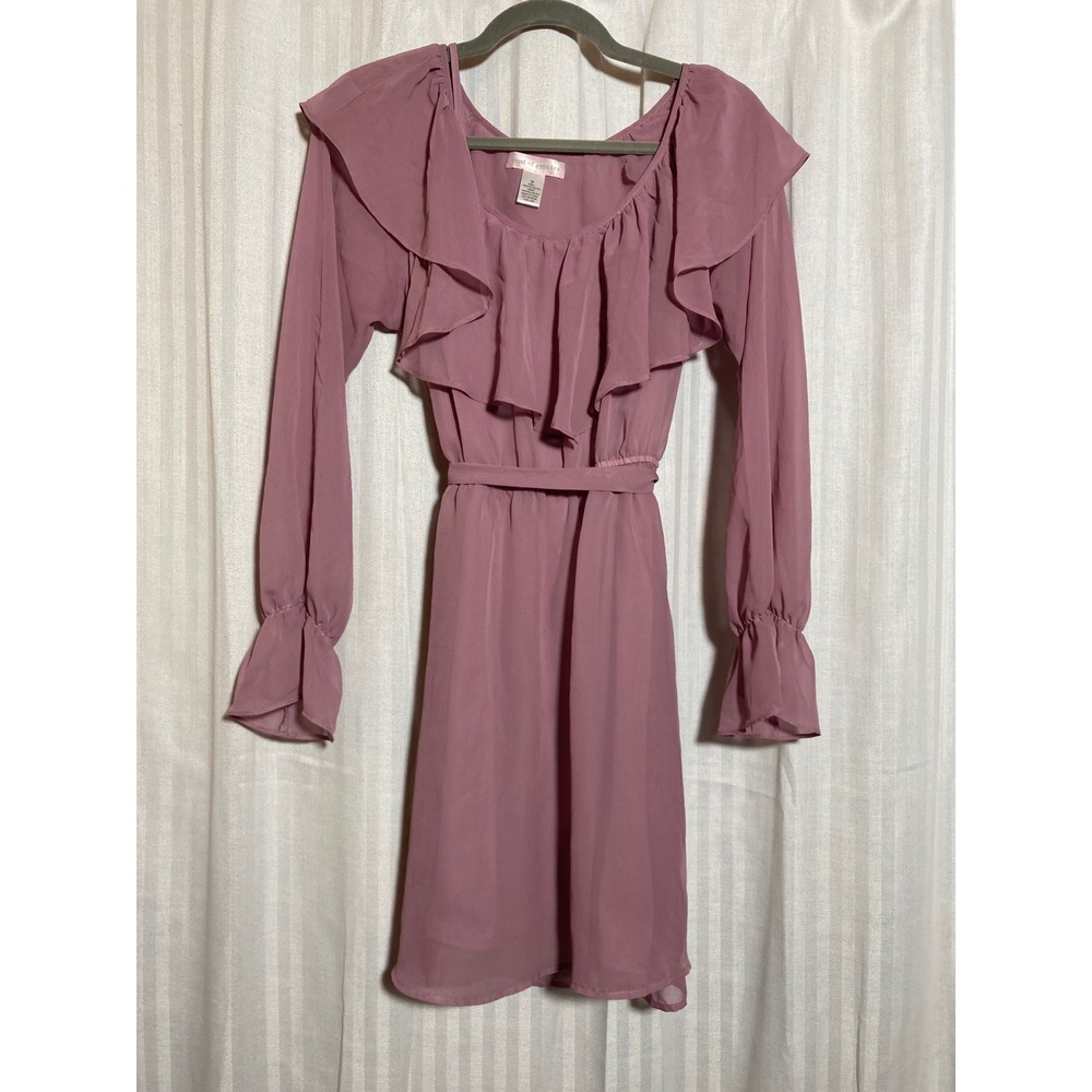 Coquette Romantic Mauve Pink Ruffle Mini Dress Sheer Long Sleeve M Soft Feminine